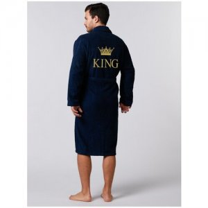 Халат мужской махровый банный с вышивкой KING/ 54-56 Люкс. Цвет: золотистый/синий