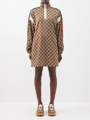 Платье мини из пике-джерси с принтом gg и полосками web , коричневый Gucci