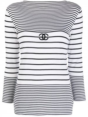 Полосатая футболка 1990-х годов с вышитым логотипом CC Chanel Pre-Owned. Цвет: белый