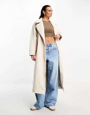Кремовое длинное пальто из смесовой шерсти с поясом ASOS. Цвет: бежевый