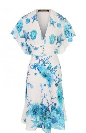 Шелковое платье-миди с принтом и V-образным вырезом Roberto Cavalli. Цвет: голубой