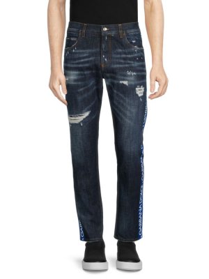 Рваные джинсы с высокой посадкой и логотипом , цвет Dark Denim Dolce&Gabbana