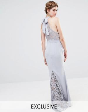 Свадебное кружевное платье макси с высокой горловиной и бантом сзади J Jarlo. Цвет: серый