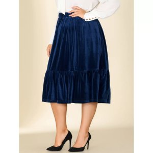 Женская бархатная юбка миди больших размеров с эластичной резинкой на талии и оборками подол , темно-синий Agnes Orinda