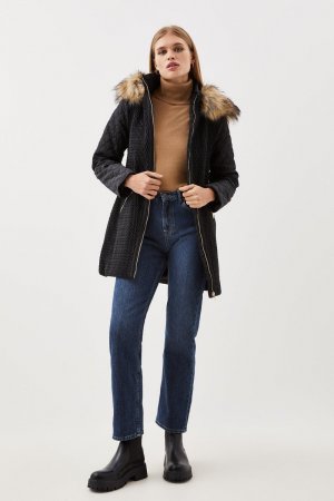 Пальто средней длины с капюшоном из искусственного меха Signature Quilt , черный Karen Millen