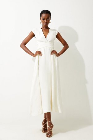 Льняное платье миди премиум-класса с V-образным вырезом и запахом , белый Karen Millen