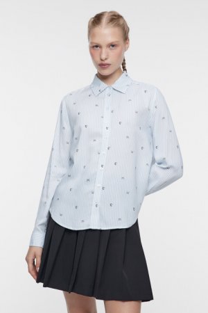 Блузка-рубашка прямая вискозная с принтом befree. Цвет: голубой