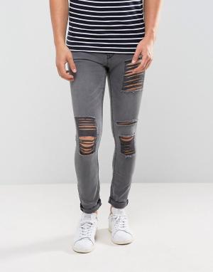 Серые выбеленные джинсы скинни с рваной отделкой New Look. Цвет: серый