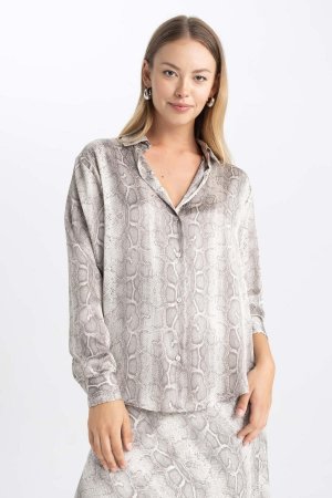 Атласная рубашка оверсайз с рубашечным воротником и длинными рукавами , серый DeFacto