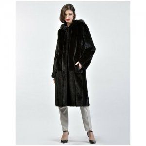 Пальто , норка, силуэт прямой, карманы, капюшон, размер 44, черный Marco Vanoli. Цвет: черный