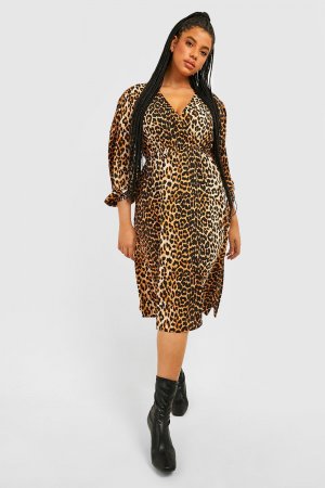 Платье миди с длинными рукавами , леопардовый Boohoo
