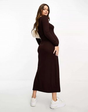Хлопок:Коричневое платье миди с длинными рукавами для беременных Cotton:On