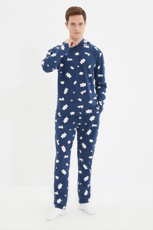 Пижамный комплект обычного кроя с капюшоном, синий/белый Trendyol