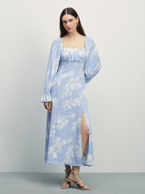 Платье миди с разрезом Zarina. Цвет: голубой цветы крупные