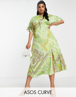 Атласное платье миди со вставками и каплевидным принтом ASOS DESIGN Curve с зеленым шарфом