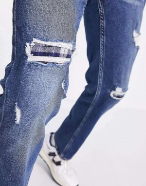 Темные узкие прямые джинсы с потертостями и из фланели Hollister