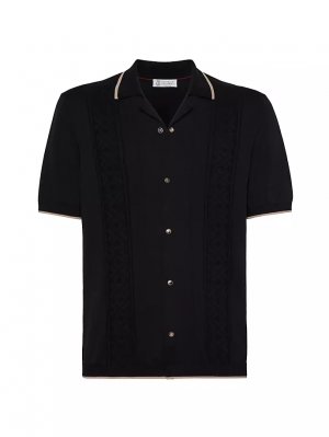 Трикотажная рубашка с короткими рукавами из хлопка и жаккарда в рубчик , черный Brunello Cucinelli