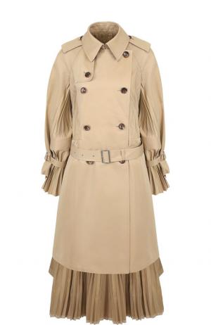 Двубортное хлопковое пальто в складку с поясом Junya Watanabe. Цвет: бежевый