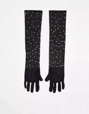 Длинные черные перчатки длиной выше локтя со стразами London My Accessories