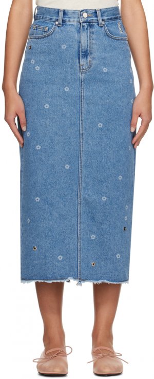 Синяя джинсовая длинная юбка с цветочным принтом Kijun