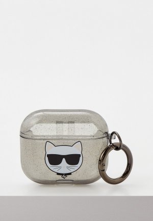 Чехол для наушников Karl Lagerfeld Airpods 3, TPU Glitters with ring Choupette Transparent Black. Цвет: серый