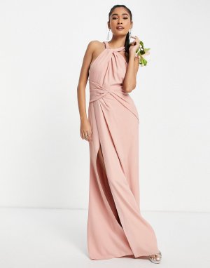 Розовое платье макси с завязками на шее и юбкой со складками ASOS DESIGN Bridesmaid