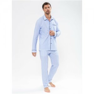 Пижама мужская классическая Благородная клеточка с брюками со штанами хлопковая c длинным рукавом (170-176, M) Ihomewear. Цвет: белый/голубой
