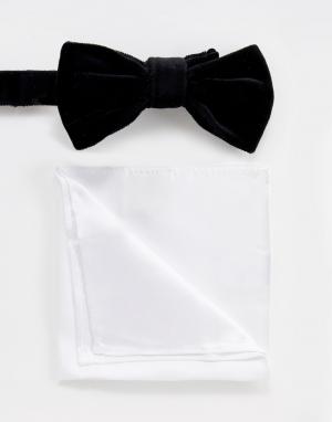 Черный бархатный галстук-бабочка и белый платок для нагрудного кармана Devils Advocate. Цвет: черный