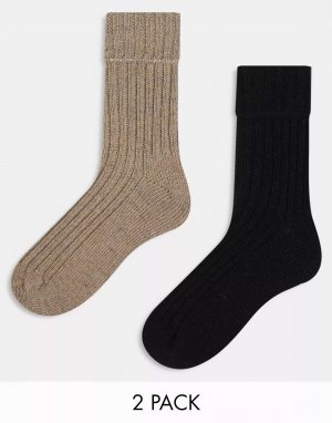 2 пары носков для отдыха из смесовой шерсти ASOS длиной до икры коричневого и черного цвета