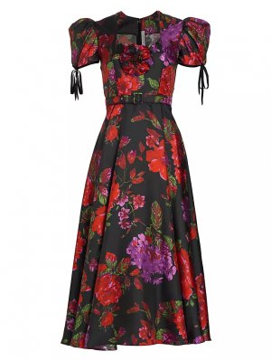 Шелковое платье миди с пышными рукавами и цветочным принтом, черный Rodarte