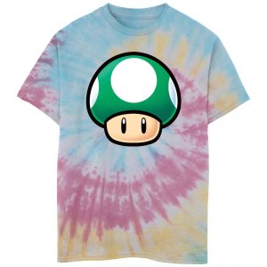 Зеленая футболка с принтом тай-дай и большим изображением грибов Super Mario для мальчиков 8–20 лет Nintendo