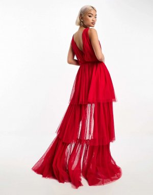 Красное платье макси из тюля с кружевом и бисером глубоким вырезом, многоярусная юбка Lace & Beads