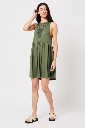 Зеленое винтажное летнее платье с кружевной вставкой без рукавов , зеленый Superdry