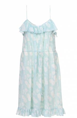 Шелковое приталенное платье-миди с оборками и цветочным принтом Athena Procopiou. Цвет: голубой