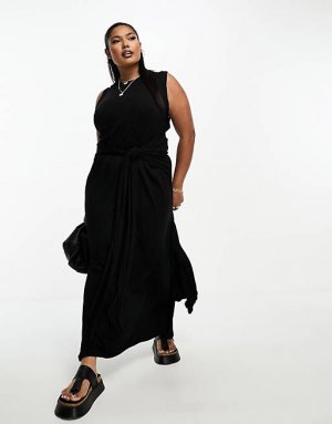 Черное платье миди без рукавов с круглым вырезом и юбкой-саронгом ASOS DESIGN Curve
