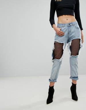 Рваные джинсы с сетчатыми вставками Liquor N Poker. Цвет: синий