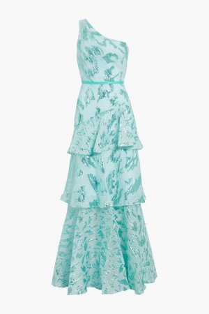 Ярусное платье фил-купе на одно плечо в стиле клоке MARCHESA NOTTE, мятный Notte