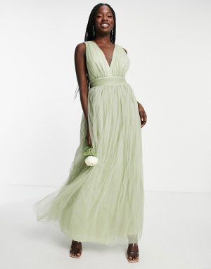 Шалфейно-зеленое свадебное платье макси из тюля с глубоким вырезом и бантом сзади -Зеленый цвет ASOS DESIGN