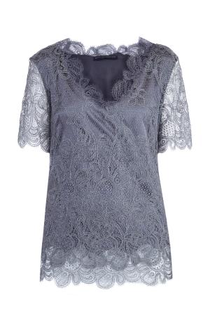 Шелковая блуза с верхним слоем из кружева и короткими рукавами ERMANNO SCERVINO. Цвет: серый