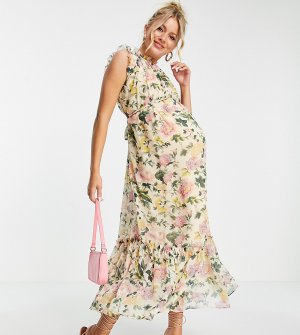Платье мидакси с цветочным принтом, высоким воротником и расклешенными рукавами -Многоцветный Hope & Ivy Maternity