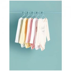 Набор из 5 хлопковых боди с длинным рукавом для малыша, размер 80 RESERVED. Цвет: розовый/белый/желтый