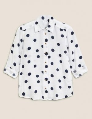 Рубашка из чистого льна в горошек с длинным рукавом, Marks&Spencer Marks & Spencer. Цвет: белый микс
