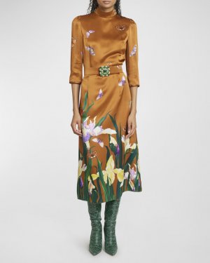 Шелковое платье миди с поясом и принтом бабочек Andrew Gn