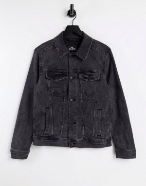 Черная выбеленная джинсовая куртка с логотипом на спине -Черный цвет Hollister