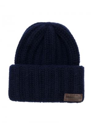Трикотажная шапка-бини с логотипом Dsquared2 Kids. Цвет: синий
