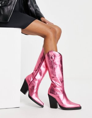 Розовые кожаные сапоги премиум-класса в стиле вестерн с камуфляжным принтом ASOS DESIGN