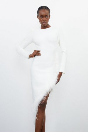 Форма фигуры Повязка Вязаное платье макси с разрезом и перьями , белый Karen Millen