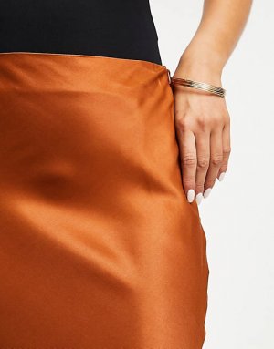 Атласная юбка-комбинация миди карамельного цвета Stradivarius