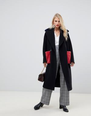 Двубортное пальто с искусственным мехом на карманах -Черный Helene Berman