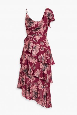 Асимметричное многоярусное платье миди из фил-купе с цветочным принтом, бордовый THEIA